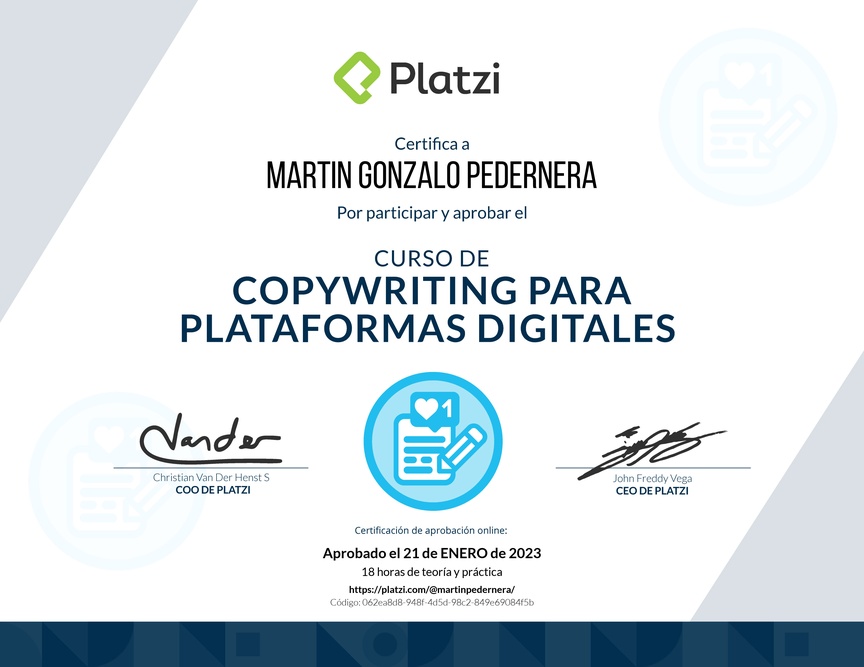 Diploma del Curso de Copywriting para Plataformas Digitales