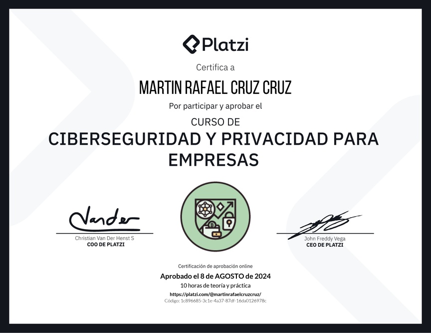 Diploma del Curso de Ciberseguridad y Privacidad Empresarial (2023)
