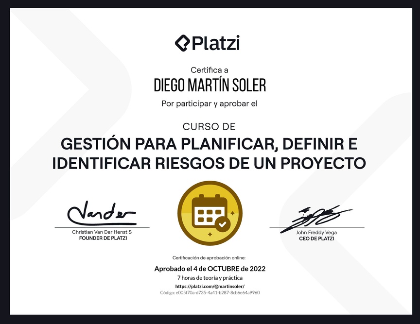 Diploma del Curso de Gestión para Planificar, Definir e Identificar Riesgos de un Proyecto