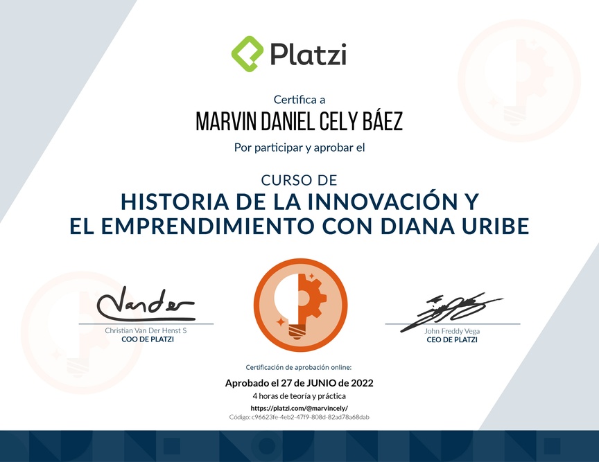Diploma del Curso de Historia de la Innovación y el Emprendimiento con Diana Uribe