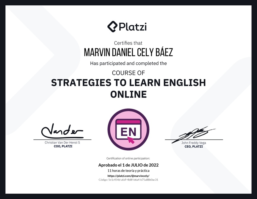 Diploma del Curso Gratis de Estrategias para Aprender Inglés en Línea