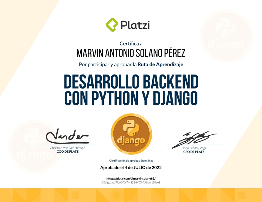 Diploma de la Ruta de Aprendizaje de Desarrollo Backend con Python y Django