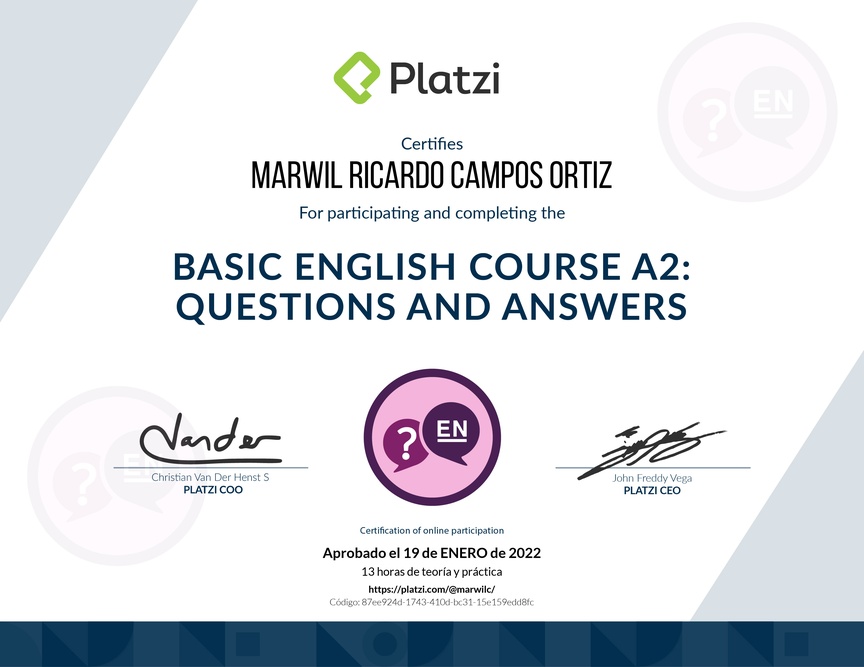 Diploma del Curso de Inglés Básico: Preguntas y Respuestas (2021)