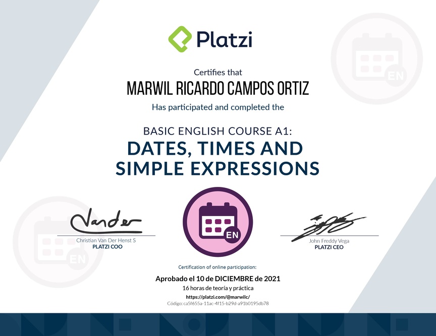 Diploma del Curso de Inglés Básico A1: Fechas, Horas y Expresiones Simples