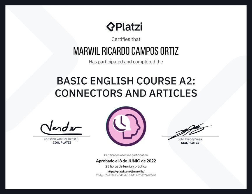 Diploma del Curso de Inglés Básico A2: Conectores y Artículos