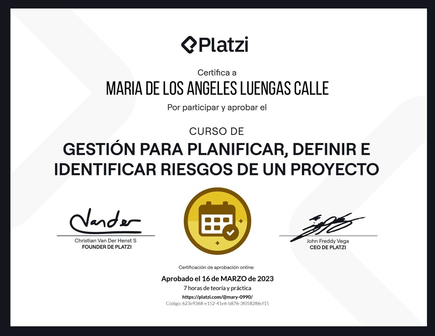 Diploma del Curso de Gestión para Planificar, Definir e Identificar Riesgos de un Proyecto