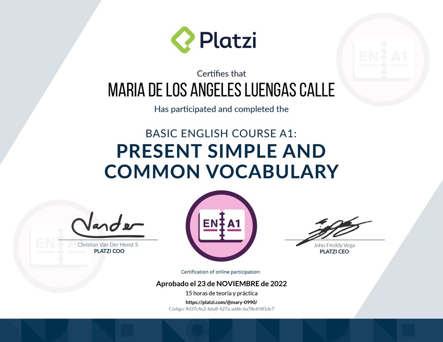 Diploma del Curso de Inglés Básico A1: Presente Simple y Vocabulario Común (2021)