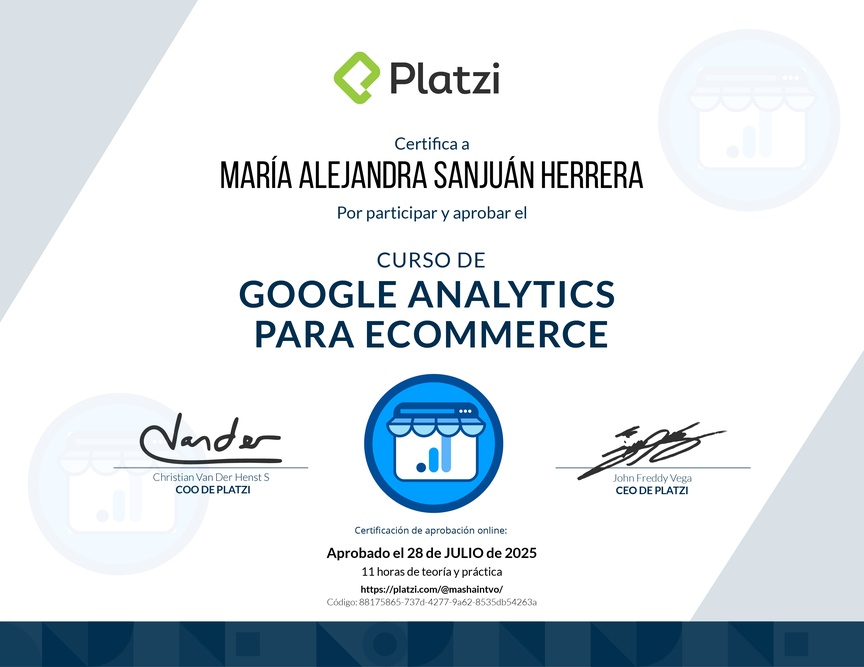 Diploma del Curso de Análisis de Reportes de Ecommerce con Google Analytics