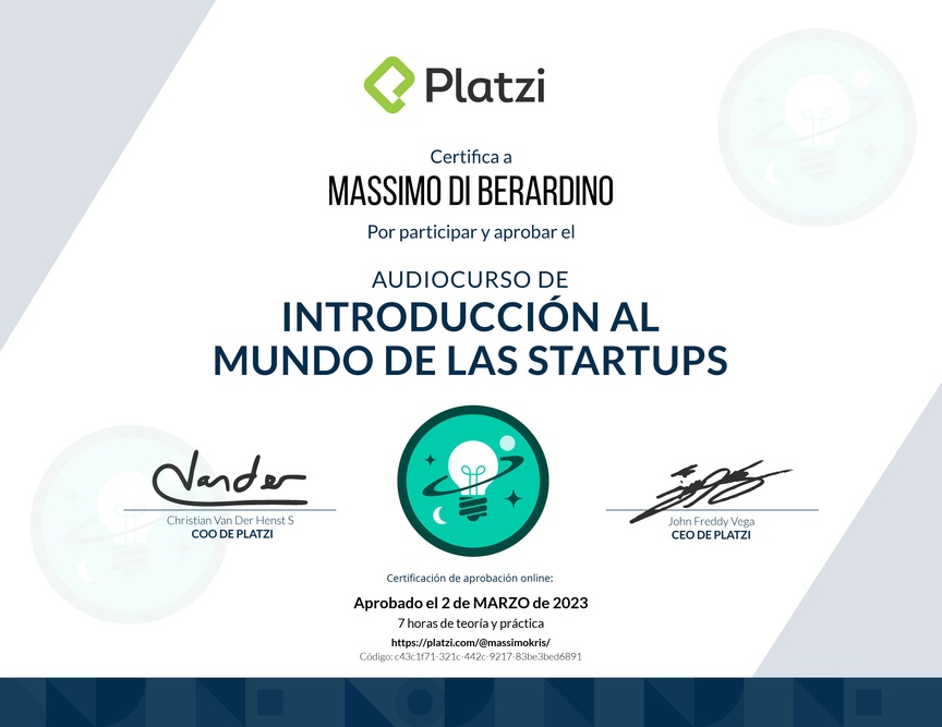 Diploma de Audiocurso de Introducción al Mundo de las Startups