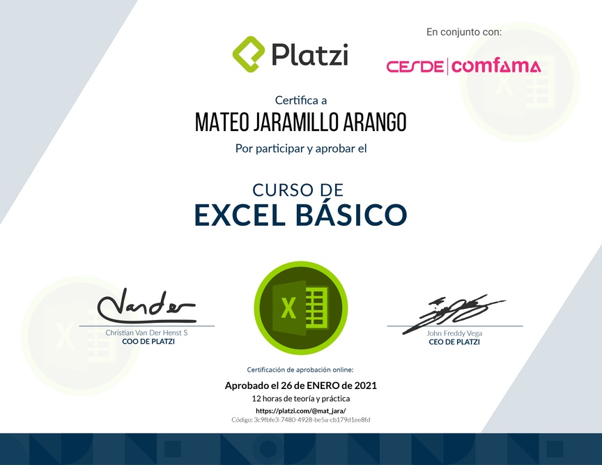 Diploma del Curso de Excel Básico