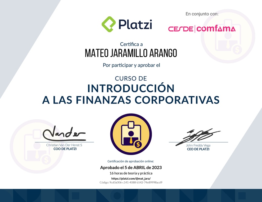 Diploma del Curso de Introducción a las Finanzas Corporativas