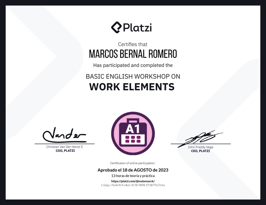 Diploma del Curso de Inglés Práctico sobre Elementos de Trabajo