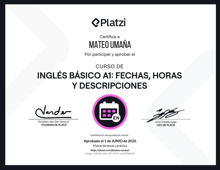 Diploma del Curso de Inglés Básico A1: Fechas, Horas y Descripciones