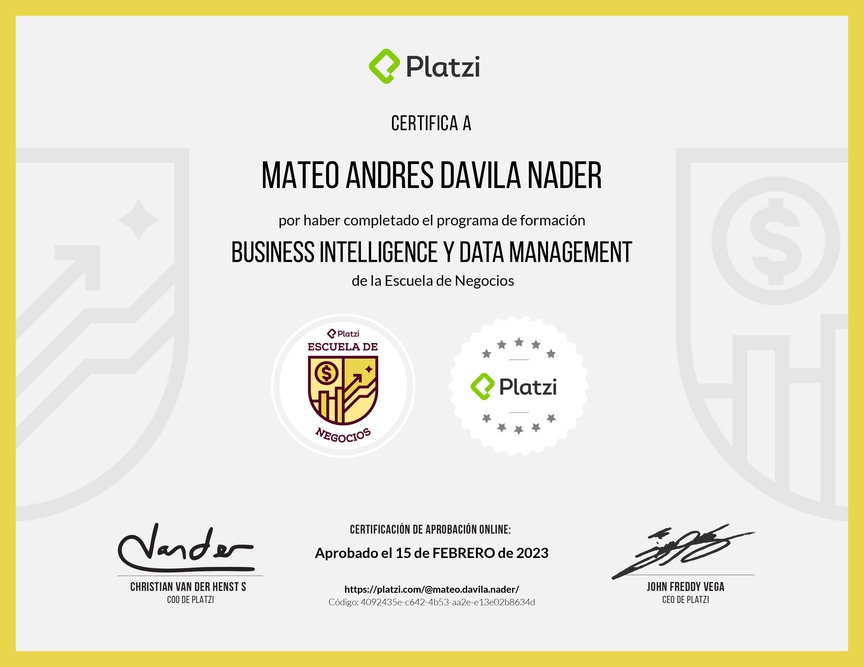 Diploma de la Ruta de Aprendizaje de Business Intelligence y Data Management