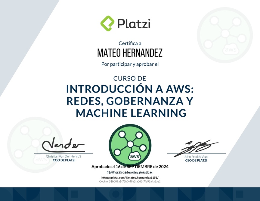 Diploma del Curso de Introducción a AWS: Redes, Gobernanza y Machine Learning