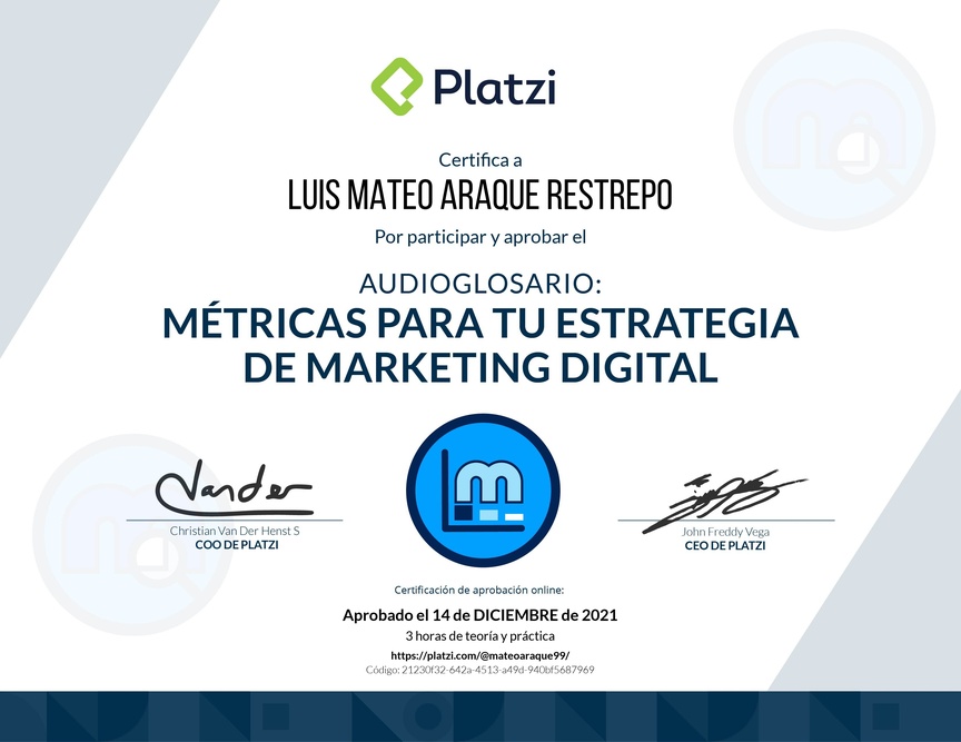 Diploma de Audioglosario Métricas para Marketing Digital