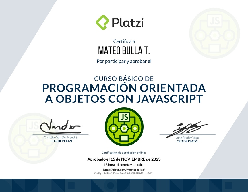 Diploma del Curso Básico de Programación Orientada a Objetos con JavaScript