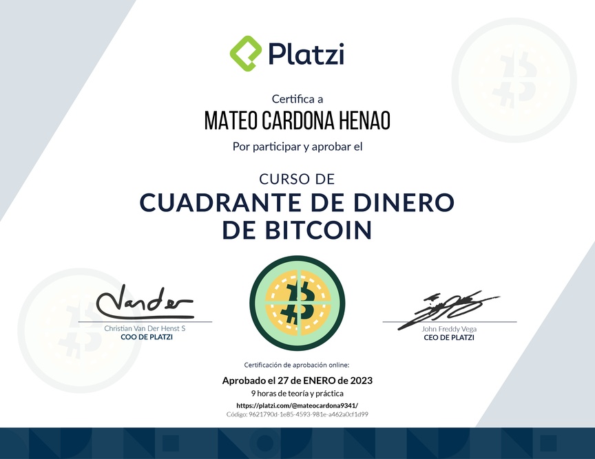 Diploma de Cuadrante de Dinero de Bitcoin y Criptomonedas
