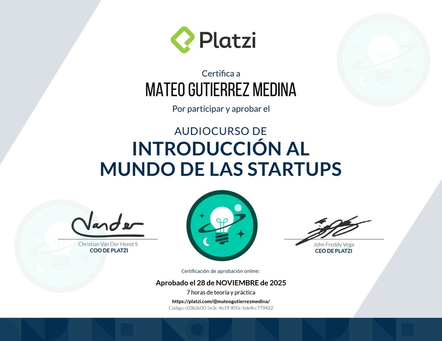 Diploma de Audiocurso de Introducción al Mundo de las Startups