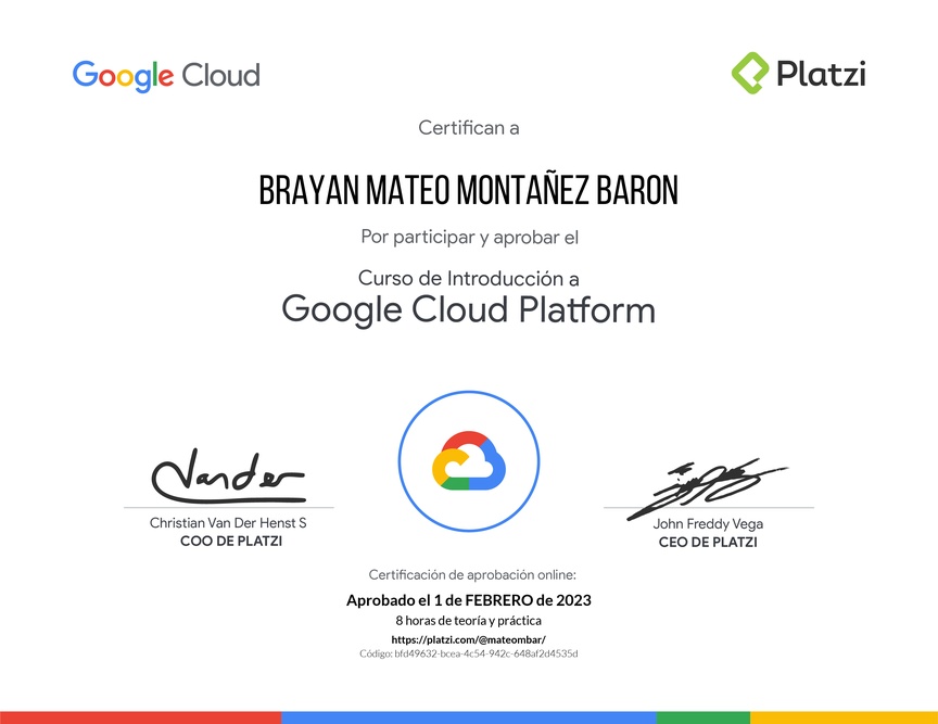 Diploma del Curso de Introducción a Google Cloud Platform