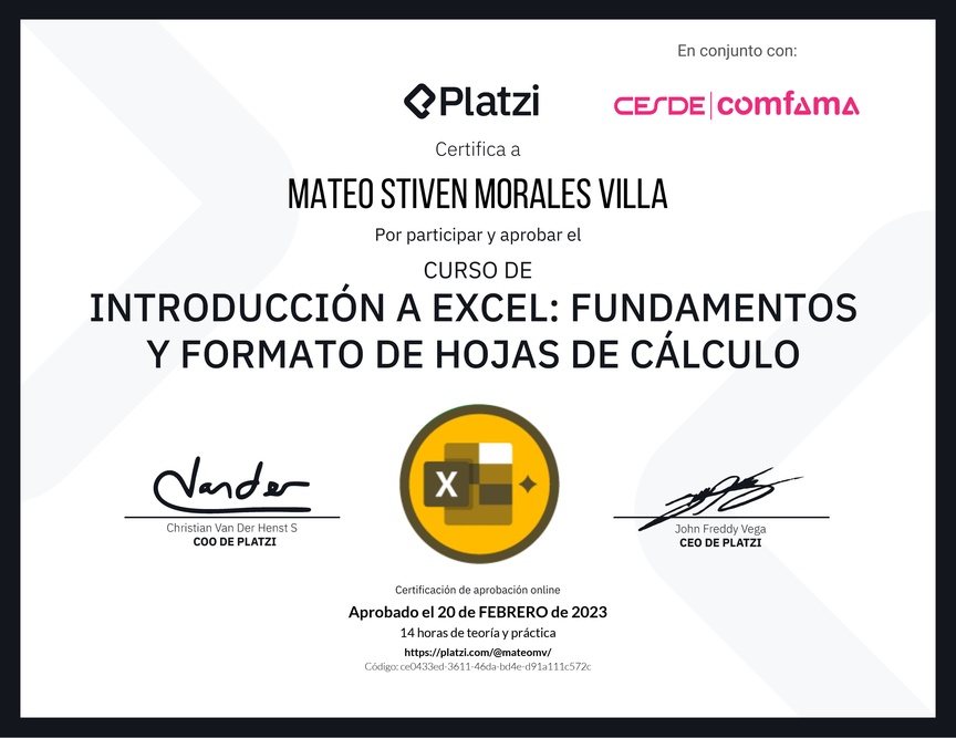 Diploma del Curso de Introducción a Excel para Principiantes: Fundamentos y Formato de Hojas de Cálculo
