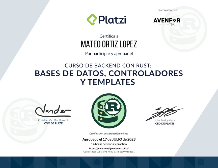Diploma del Curso de Backend con Rust: Bases de Datos, Controladores y Templates