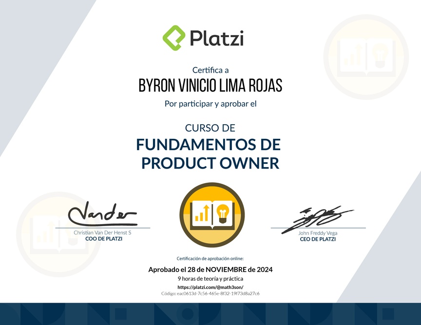 Diploma del Curso de Fundamentos de Product Owner