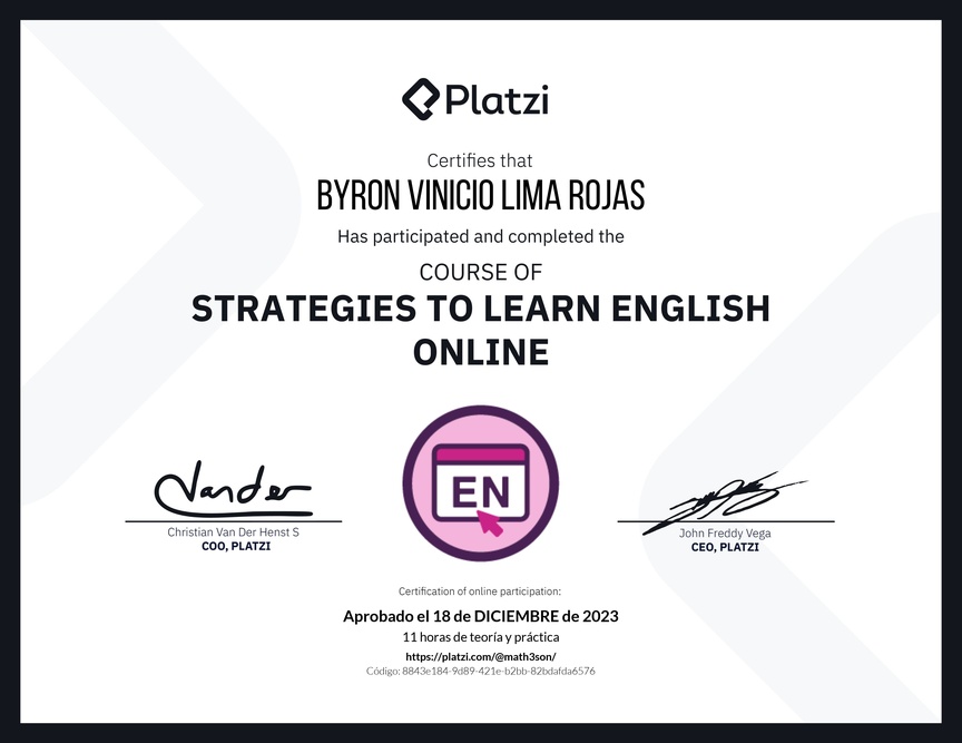 Diploma del Curso Gratis de Estrategias para Aprender Inglés en Línea