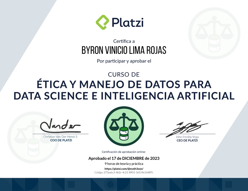 Diploma del Curso de Ética y Manejo de Datos para Data Science e Inteligencia Artificial