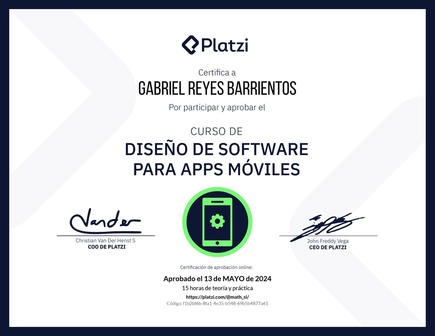 Diploma del Curso de Diseño de Software para Apps Móviles