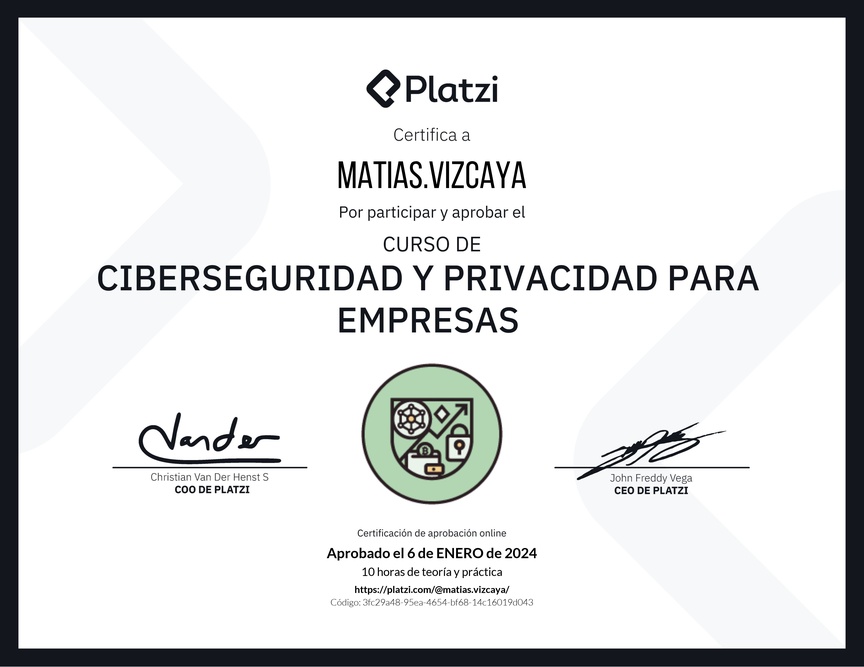 Diploma del Curso de Ciberseguridad y Privacidad Empresarial (2023)