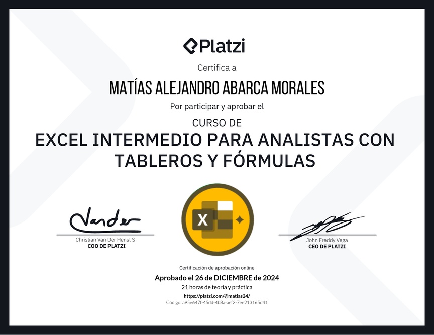 Diploma del Curso de Excel Intermedio para Analistas con Tableros y Fórmulas