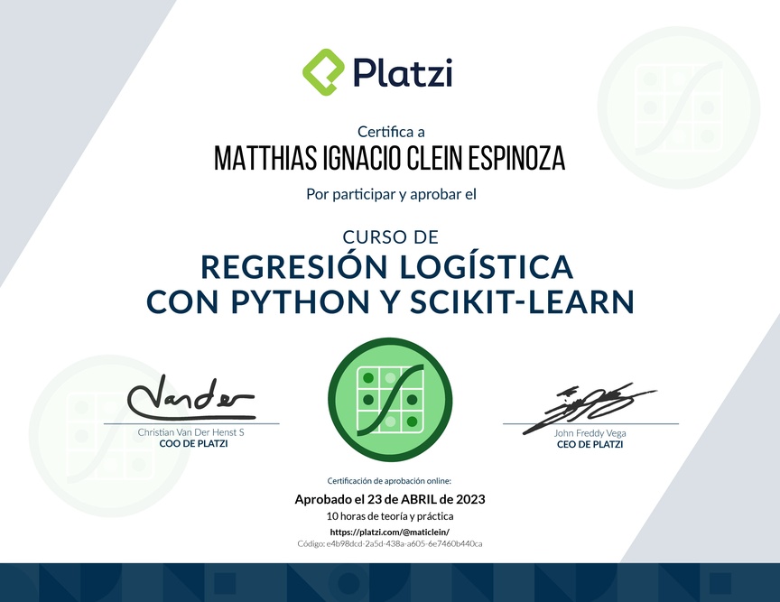 Diploma del Curso de Regresión Logística con Python y scikit-learn