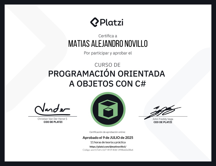 Diploma del Curso de Programación Orientada a Objetos con C#
