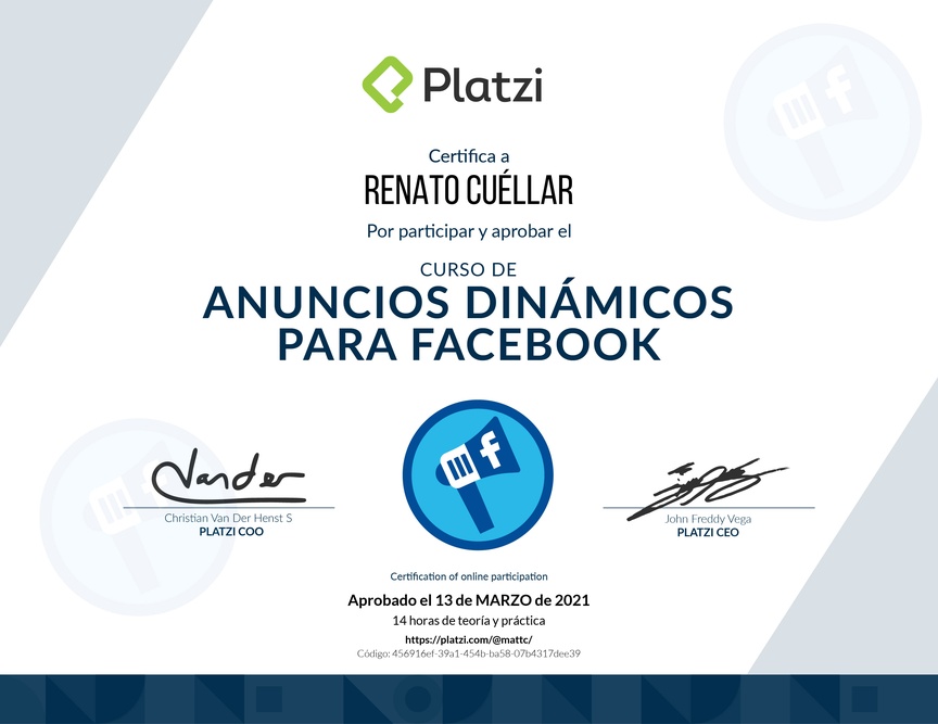 Diploma del Curso de Anuncios Dinámicos para Facebook