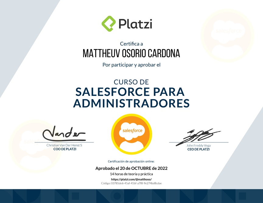 Diploma del Curso de Salesforce para Administradores