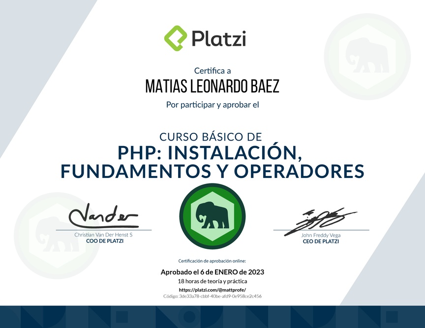 Diploma del Curso Básico de PHP: Instalación, Fundamentos y Operadores