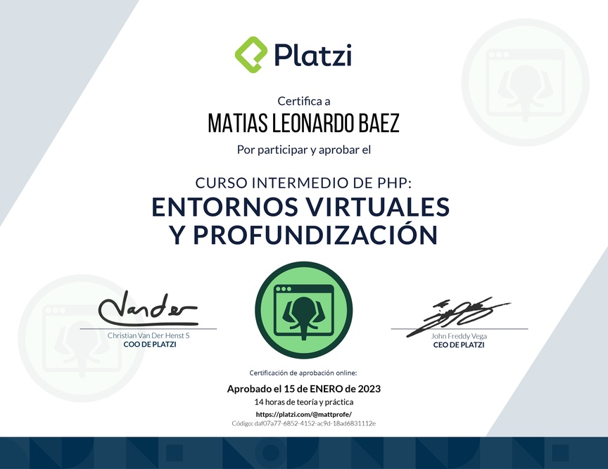 Diploma del Curso de PHP: Entornos Virtuales y Funciones Avanzadas