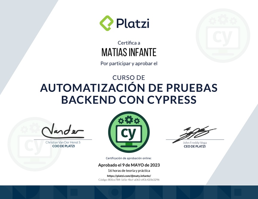 Diploma del Curso de Automatización de Pruebas de Backend con Cypress