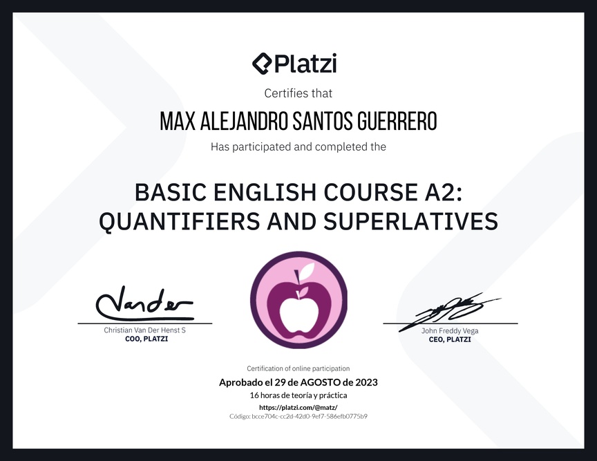 Diploma del Curso de Inglés Básico A2: Cuantificadores y Superlativos