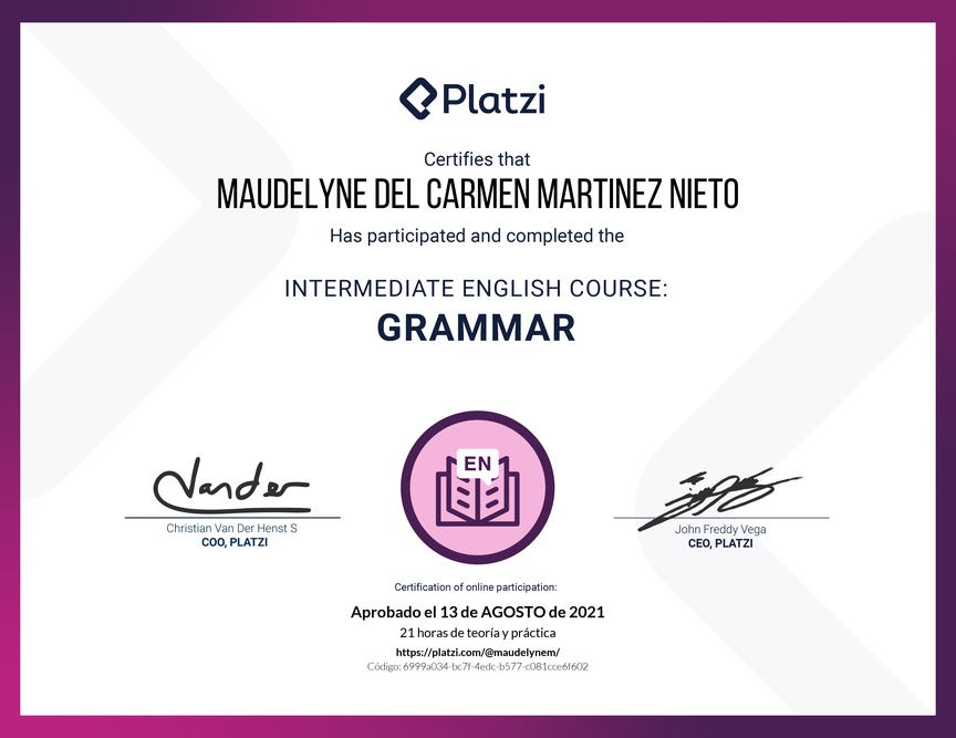 Diploma del Curso Intermedio de Gramática en Inglés (2020)