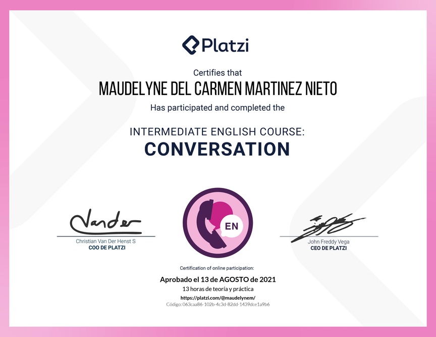 Diploma del Curso de Inglés Intermedio: Conversación 2020