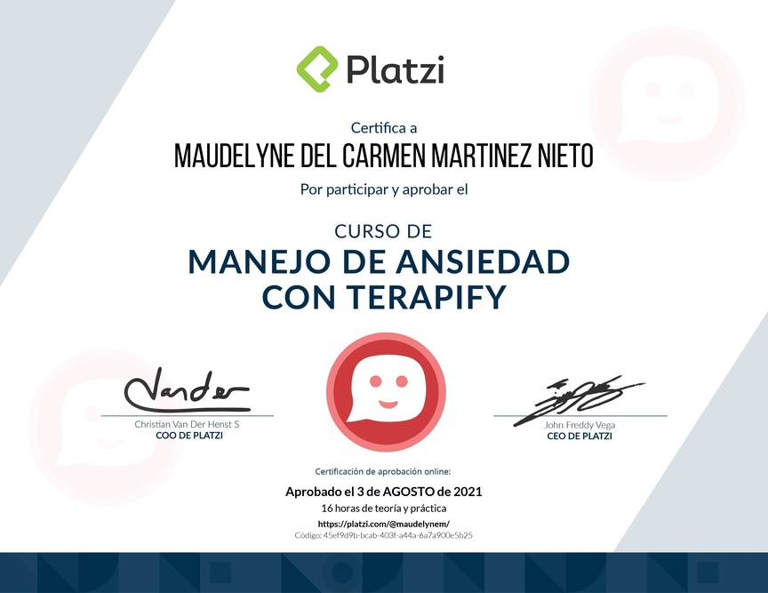 Diploma del Curso de Manejo de Ansiedad con Terapify