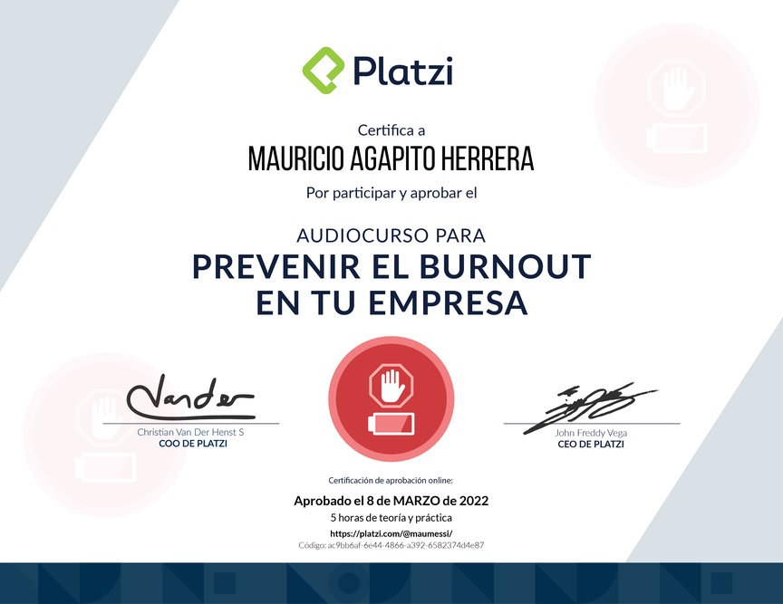 Diploma de Audiocurso para Prevenir el Burnout en tu Empresa