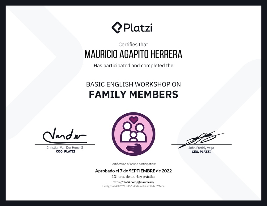 Diploma del Curso de Inglés Práctico sobre los Miembros de la Familia