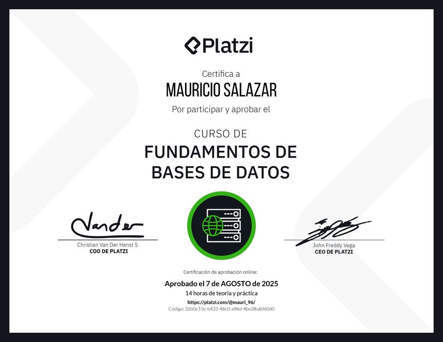 Diploma del Curso de Fundamentos de Bases de Datos