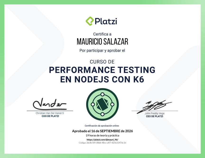 Diploma del Curso de Performance Testing en Node.js con K6