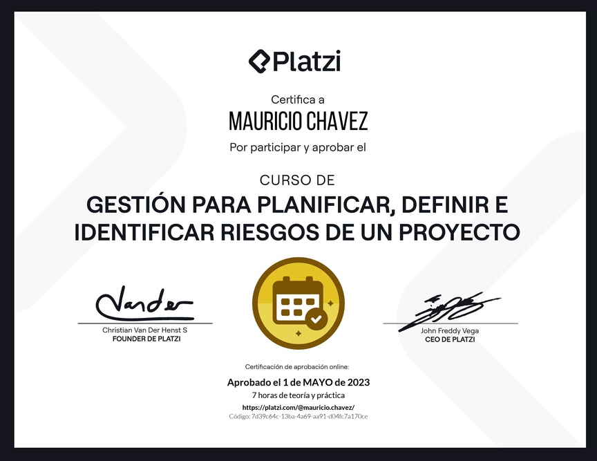 Diploma del Curso de Gestión para Planificar, Definir e Identificar Riesgos de un Proyecto