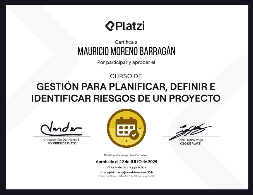 Diploma del Curso de Gestión para Planificar, Definir e Identificar Riesgos de un Proyecto