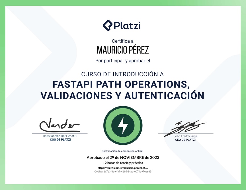 Diploma del Curso de FastAPI: Introducción, Operaciones, Validaciones y Autenticación